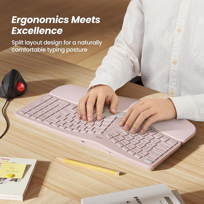 Nulea Wireless Ergonomic Keyboard, Split Keyboard with Cushioned Wrist Rest, Bluetooth and USB Connectivity, USB-C Rechargeable, Compatible with Windows Mac (Grey Pink) - Image 2